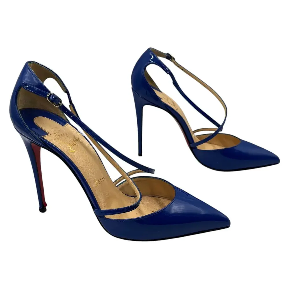 Christian Louboutin Pumps Heels Cross Blake 100 Patent Leather Electric Blue 37